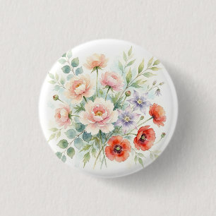 Waterverf Cottage Tuin Wilde Bloemen Boeket Ronde Button 3,2 Cm