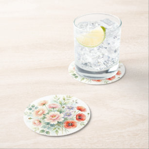 Waterverf Cottage Tuin Wilde Bloemen Boeket Ronde Kartonnen Onderzetter