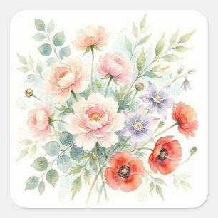 Waterverf Cottage Tuin Wilde Bloemen Boeket Vierkante Sticker