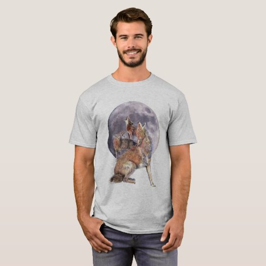 Waterverf Coyote Pack Huilen bij de maan T-shirt (Voorkant volledig)