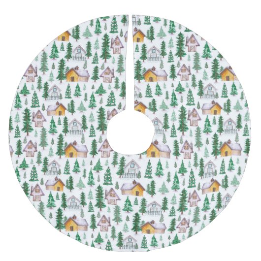 Waterverf Cozy Cabins in Pine Forest Pattern Kerstboom Rok (Voorkant)