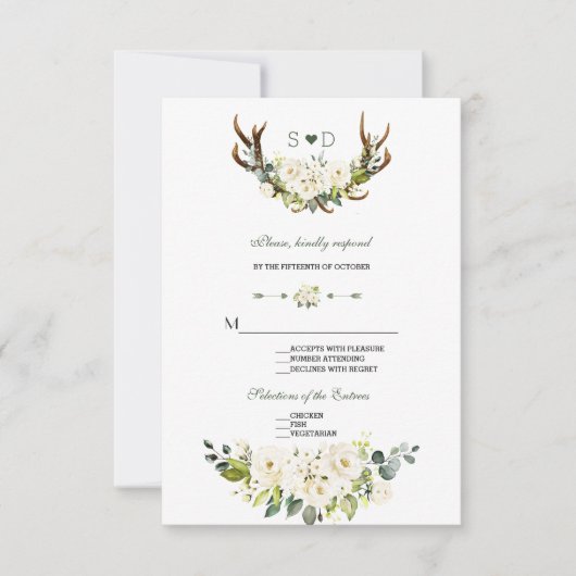 Waterverf Crème Witte Bloemige Geweien Bruiloft RSVP Kaartje (Voorkant)