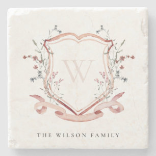 Waterverf Crest Monogram Elegant Pink Wildflower Stenen Onderzetter