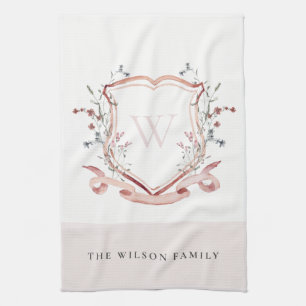 Waterverf Crest Monogram Elegant Pink Wildflower Theedoek