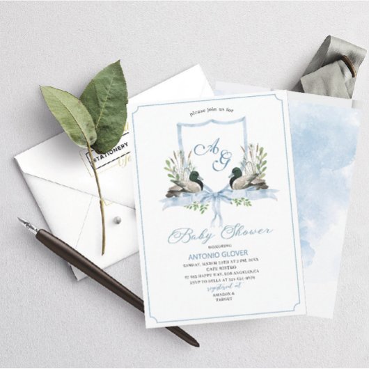 Waterverf Crests Blue Duck Mallard Baby shower Kaart