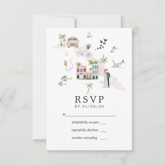 Waterverf Cuba Destination Wedding RSVP Kaartje (Voorkant)