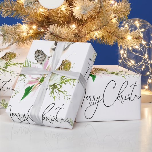 Waterverf Cute Chickadee Bird Pointsettia Flower Cadeaupapier (Feestdagen)