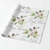 Waterverf Cute Chickadee Bird Pointsettia Flower Cadeaupapier (Uitgerold)