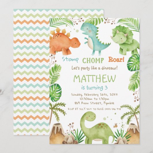 Waterverf Cute Dinosaur Greenery Boy Birthday Kaart (Voorkant / Achterkant)
