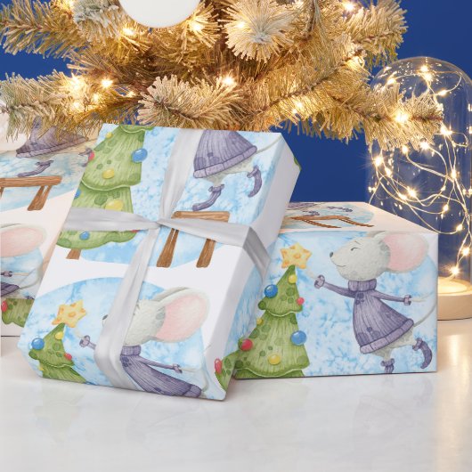 Waterverf Cute Mouse Droog kerstboom Cadeaupapier (Feestdagen)