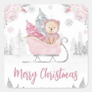 Waterverf Cute Pink Winter Beer Floral Kerstmis Vierkante Sticker