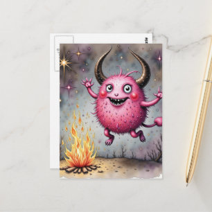 Waterverf Cute Roze Monster en een Kampvuur Briefkaart