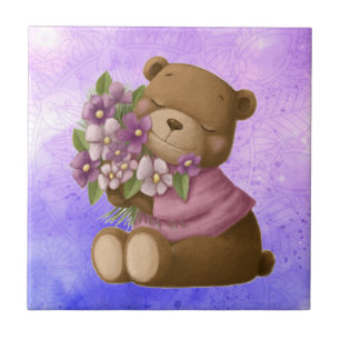 Waterverf Cute Teddy Bear Bouquet Garden Flowers Tegeltje