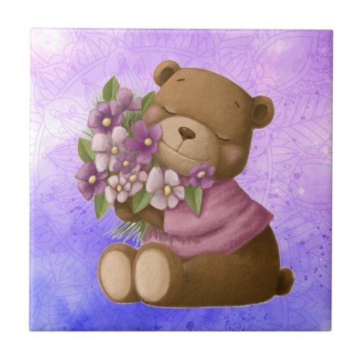 Waterverf Cute Teddy Bear Bouquet Garden Flowers Tegeltje (Voorkant)
