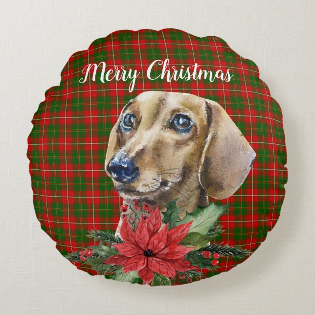 Waterverf Dachshund Dog Kerstmis Rond Kussen (Voorkant)