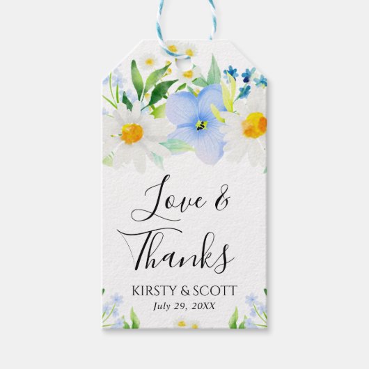 Waterverf Daisies en Blue Flowers Bruiloft Cadeaulabel (Voorkant)