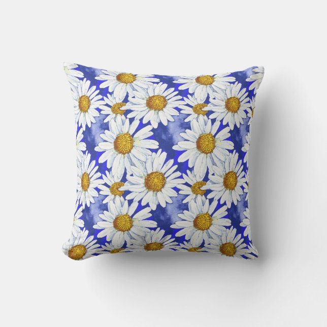 Waterverf Daisies op Denim Blue Buitenkussen (Voorkant)