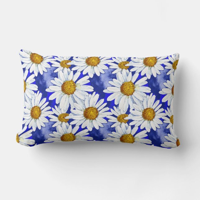 Waterverf Daisies op Denim Blue Kussen (Voorkant)