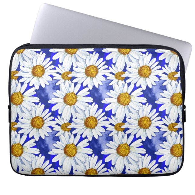 Waterverf Daisies op Denim Blue Laptop Sleeve (Voorkant)