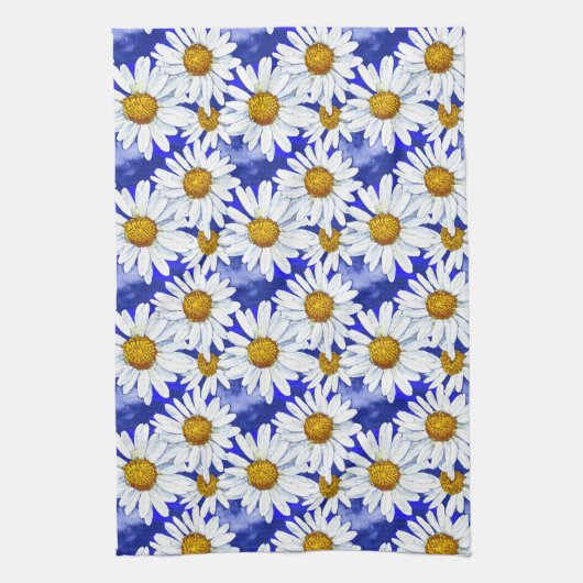 Waterverf Daisies op Denim Blue Theedoek (Verticaal)