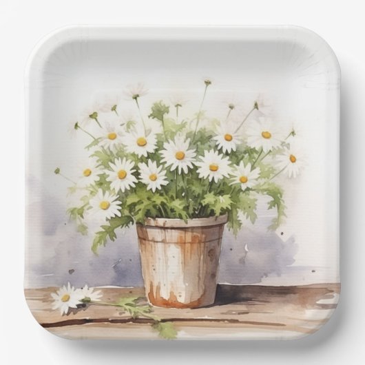 Waterverf Daisy Boeket in Pot Papieren Bordje (Voorkant)
