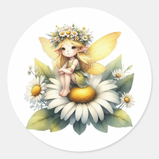 Waterverf Daisy Fairy Ronde Sticker (Voorkant)