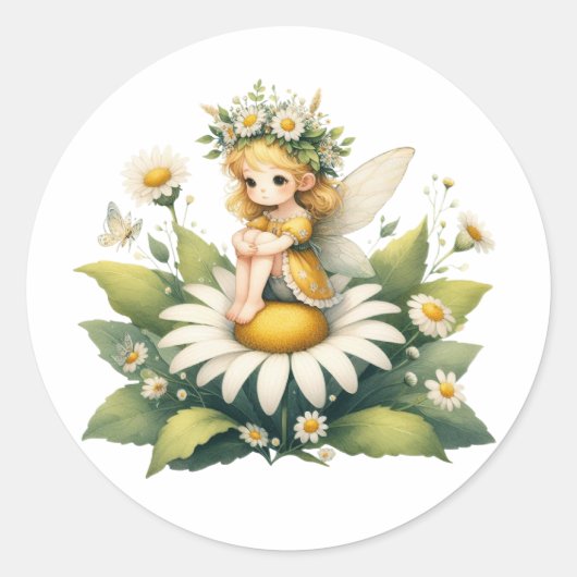 Waterverf Daisy Fairy Ronde Sticker (Voorkant)