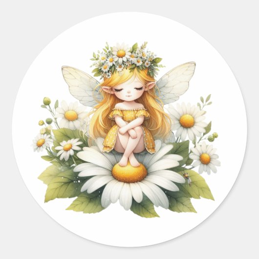 Waterverf Daisy Fairy Ronde Sticker (Voorkant)