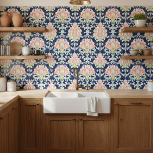 Waterverf Damask Navy Coral Green Decoratief Tegeltje