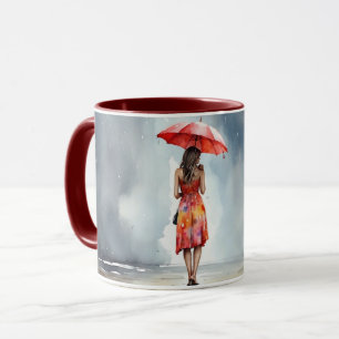Waterverf dame in de regen paraplu rode jurk Mok