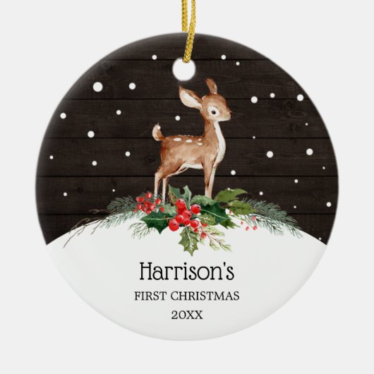 Waterverf Deer Baby's Eerste Kerstmis Keramisch Ornament (Voorkant)