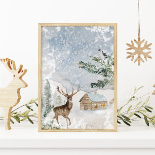Waterverf Deer in Winterboskerst Poster