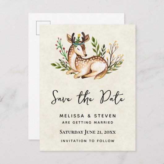 Waterverf Deer Laden neer sparen de Datum Uitnodiging Briefkaart (Voorkant / Achterkant)