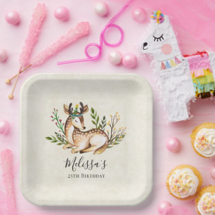  Waterverf Deer Laking Down Boho Birthday Papieren Bordje