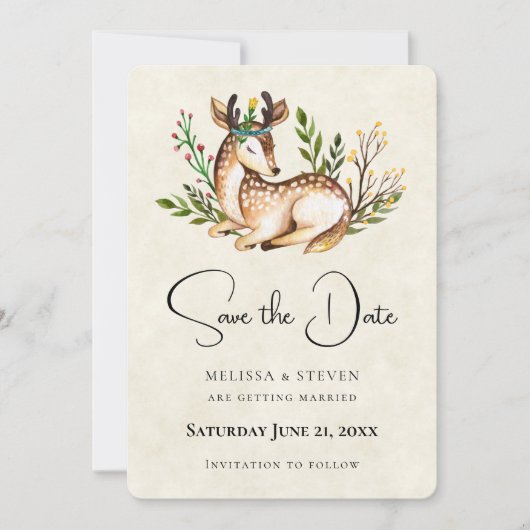  Waterverf Deer Laying Down Boho Rustic Sav Save The Date (Voorkant)