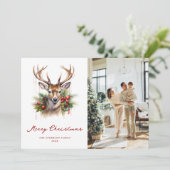 Waterverf Deer Pine Foto Vrolijk Kerstfeest Kaart (Staand voorkant)
