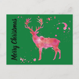 Waterverf Deer, roze oranje groene kerst Feestdagenkaart