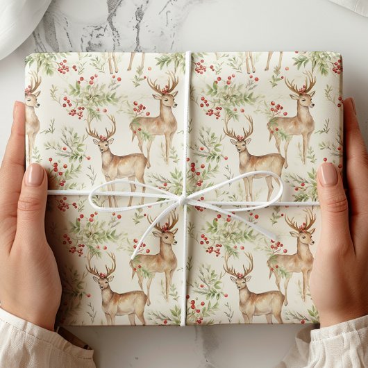 Waterverf Deer Winter Greenery Cadeaupapier