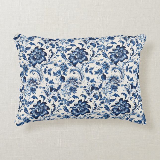  waterverf Delfts Blauw Bloemen Retro Accent Kussen (Voorkant)