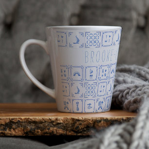 Waterverf Delfts Blauw en Wit Tegel Monogram Latte Mok