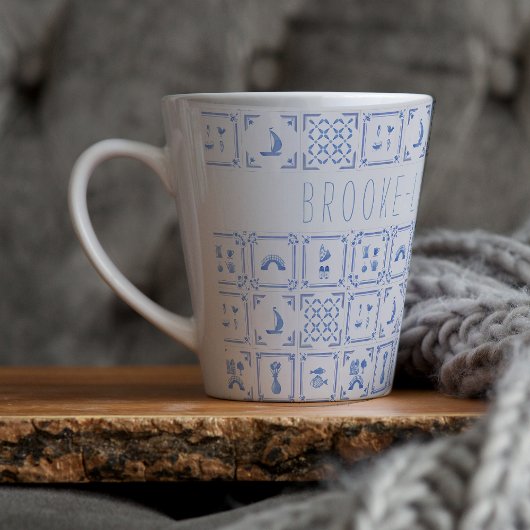 Waterverf Delfts Blauw en Witte Tegel | Monogram Latte Mok