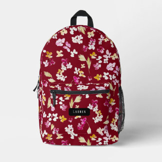 Waterverf delicate bloemetjes bordeaux rood motief bedrukte rugzak