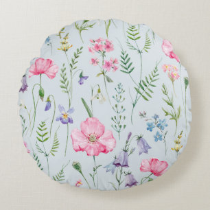 Waterverf Delicate Flowers Foliage Pattern Blue Rond Kussen