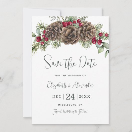 Waterverf dennen winterbessen kerstbruiloft save the date (Voorkant)