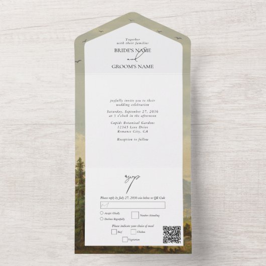 Waterverf dennenboom bos bergen bruiloft all in one uitnodiging (Binnen)