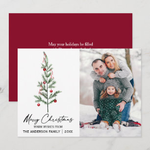 Waterverf dennenboom kalligrafie inkt foto rood feestdagenkaart