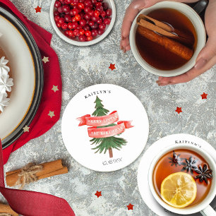 Waterverf dennenboom vrolijk kleine verjaardag ronde kartonnen onderzetter