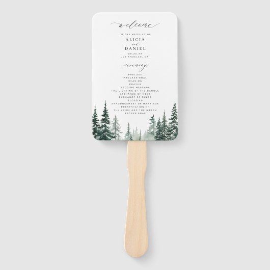 Waterverf dennenbos bruiloft programma handwaaier (Voorkant)
