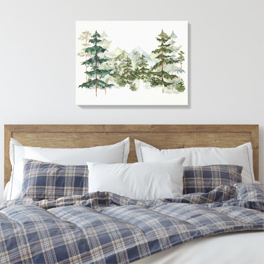 Waterverf dennenbos en berg esthetisch canvas afdruk (Insitu (Slaapkamer))