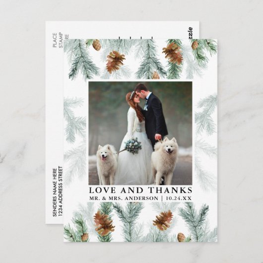 Waterverf Dennenkegels Liefde Dank Huwelijksfoto Briefkaart (Voorkant / Achterkant)